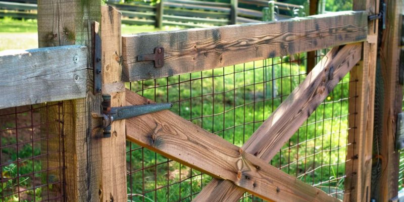 wooden fence gate with wire mesh