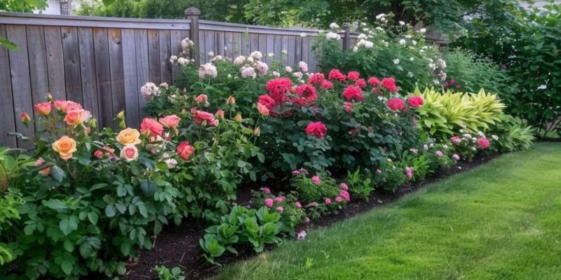 backyard flower bed with roses, lilies and evergreens in the front row